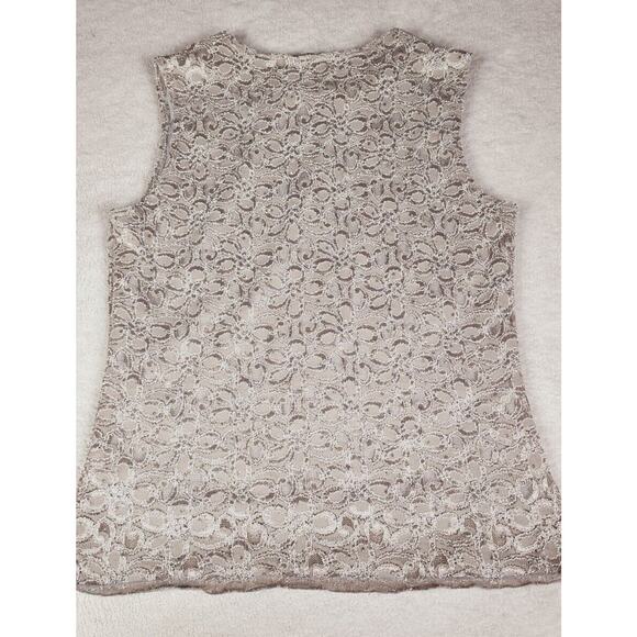 Floral lace Sequined silver grey Sleeveless top Sz small Lined stretch coquette - Picture 8 of 8